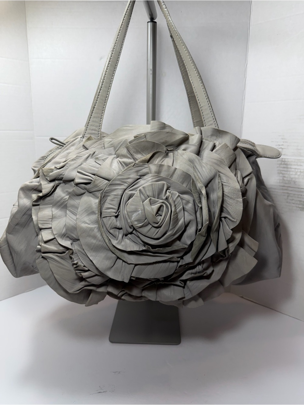 VALENTINO Garavani Grey Nappa Leather Petale Rose Satchel Bag